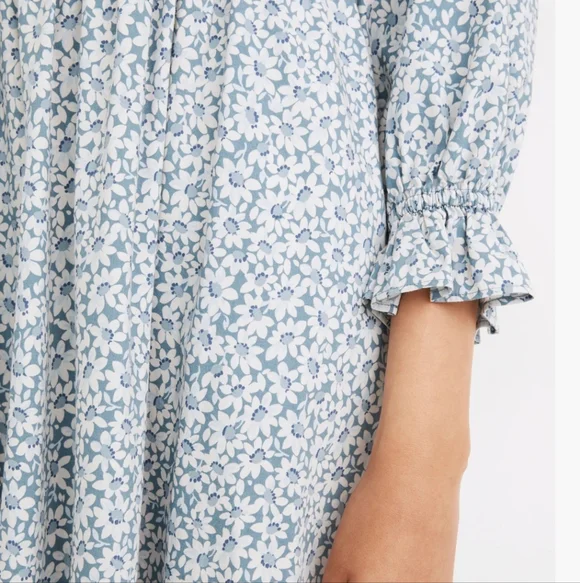 Madewell Lucie Elbow-Sleeve Smocked Midi Dress In Sunflower Field Ocean Blue - Picture 10 of 15